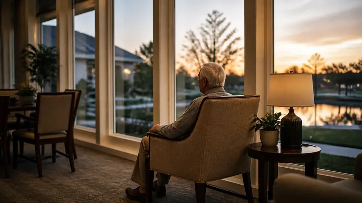 A man sitting alone by tall windows, watching the sunset