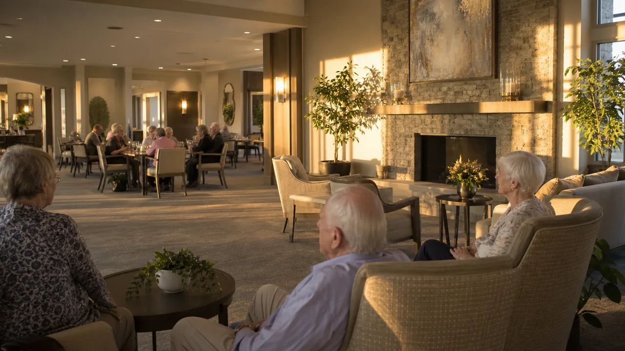 Residents gathering in a senior living lounge