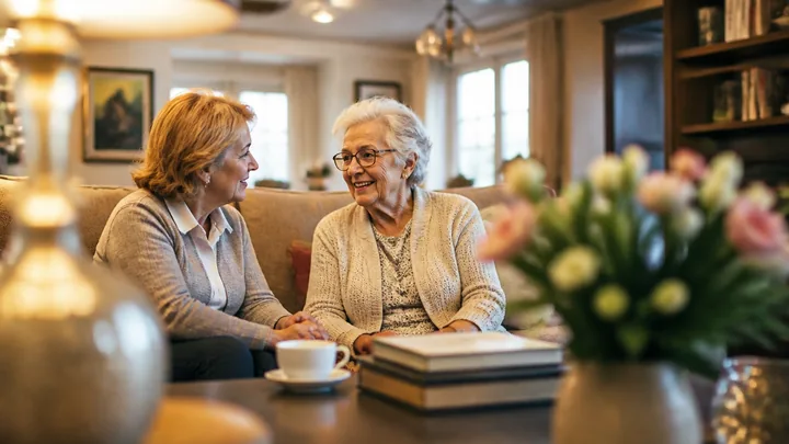 Two women in close conversation with coffee, books, and flowers on the table
