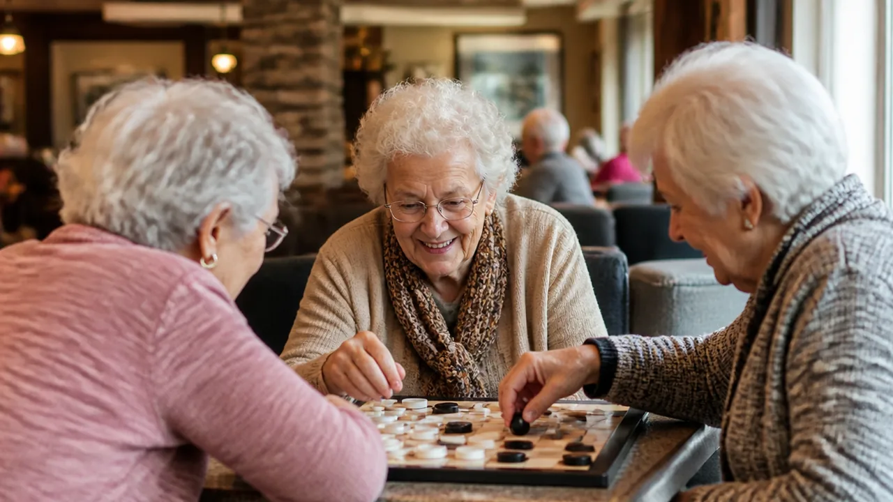 Three people playing checkers together at a table