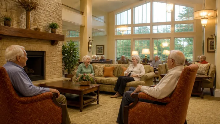 Three residents chatting near a stone fireplace in a sunlit lounge