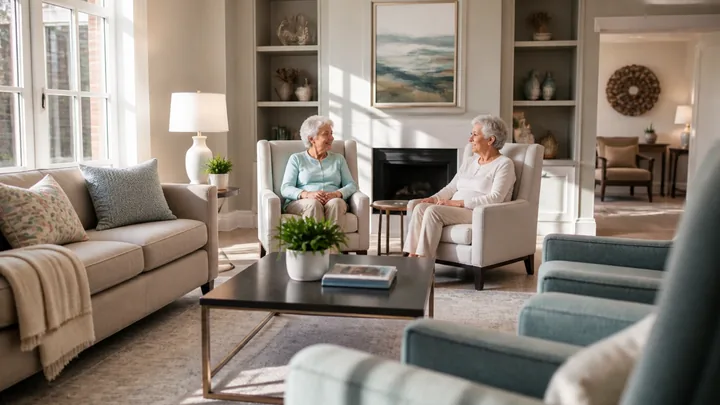 Two women seated in armchairs, quietly talking in a sunlit room