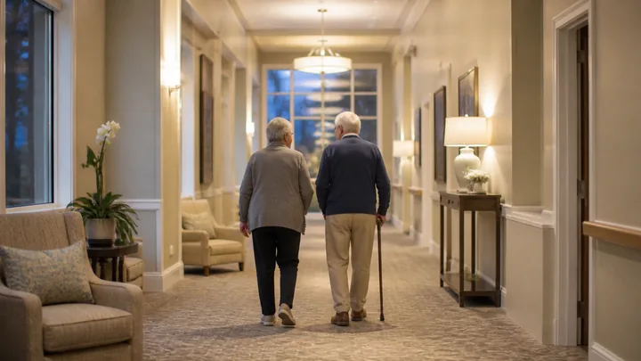 Two wheelchairs passing comfortably in a wide corridor lit at dusk