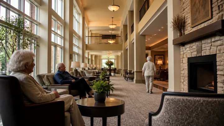 Long lounge with a stone fireplace, residents seated and one walking