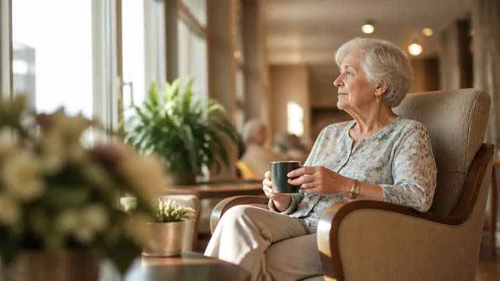 A woman sitting alone by a window, holding a mug of tea