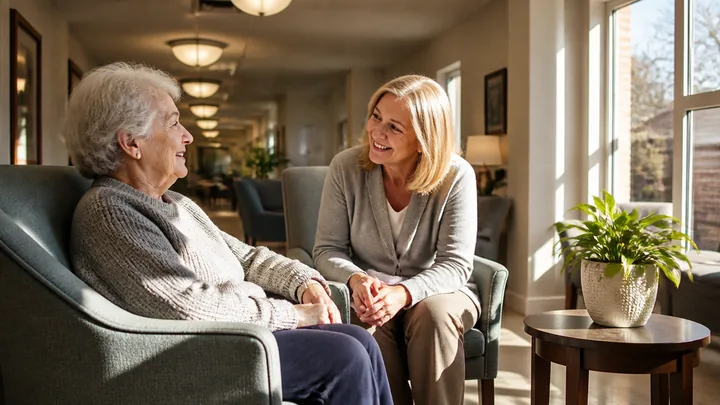 A caregiver sitting beside a resident in armchairs, both smiling