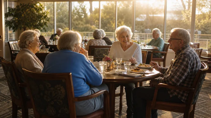 Golden late-afternoon light filling a set dining room through tall windows