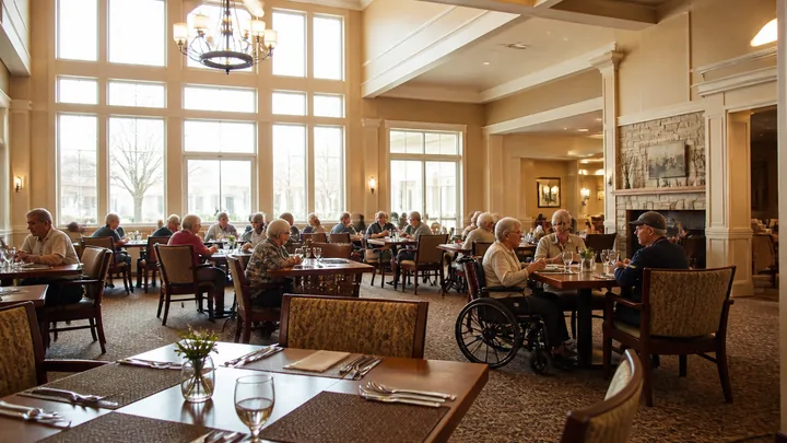 Wide low-angle view of a full dining room bustling with activity