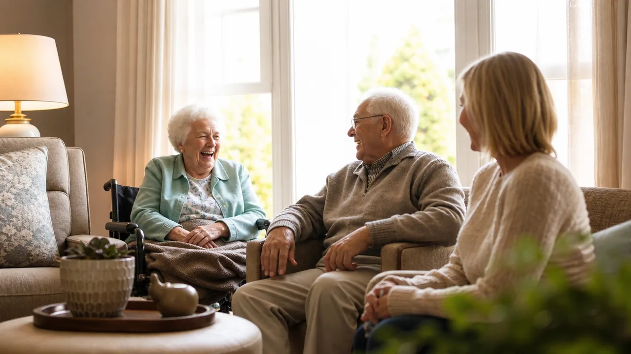 Residents gathering in a senior living lounge