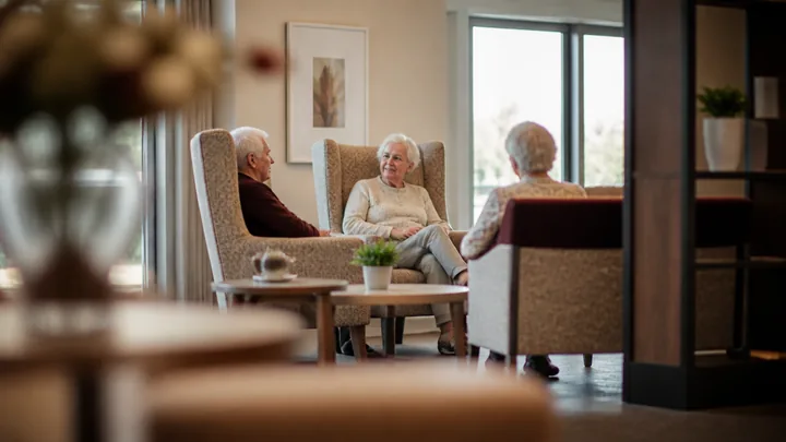 Three residents chatting together in armchairs near a window