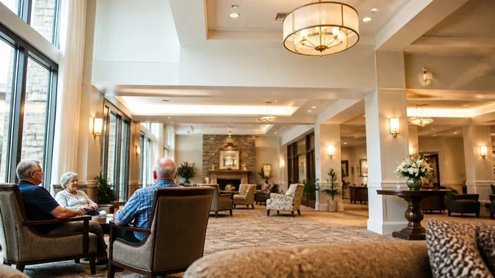Three residents chatting in a spacious lounge near a stone fireplace