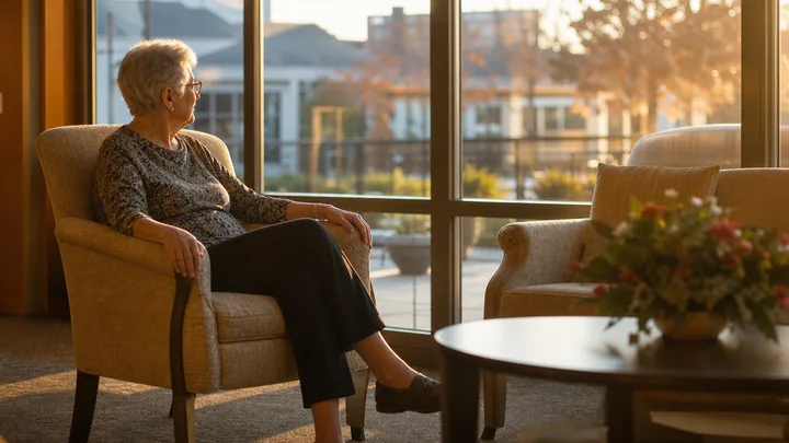 Older woman seated in an upholstered armchair beside sunlit windows
