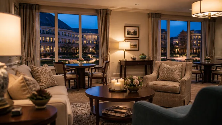 Lounge chairs, sofa and coffee table beside tall windows at dusk