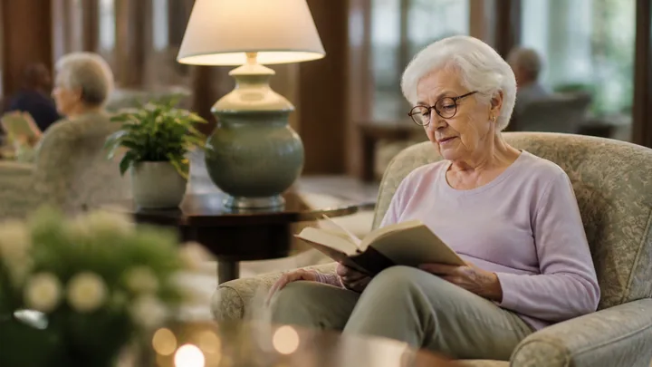 Older woman reading in a patterned upholstered armchair