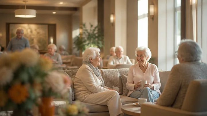 Residents chatting on couches indoors, some holding mugs of coffee