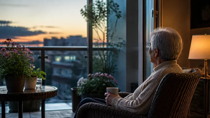 A small private balcony with a single chair, glowing at dusk