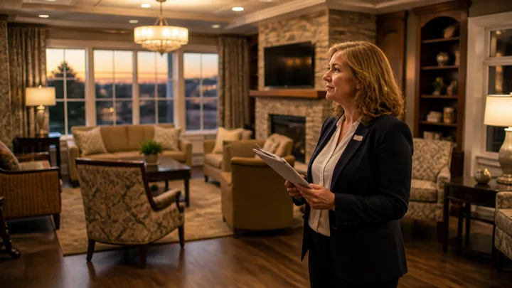 A staff member reviewing papers in a lounge with dusk light behind