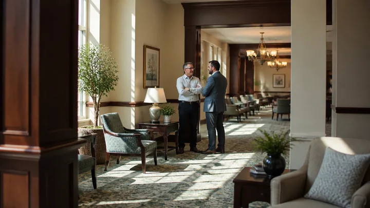 Two men in suits shaking hands in a sunlit hallway