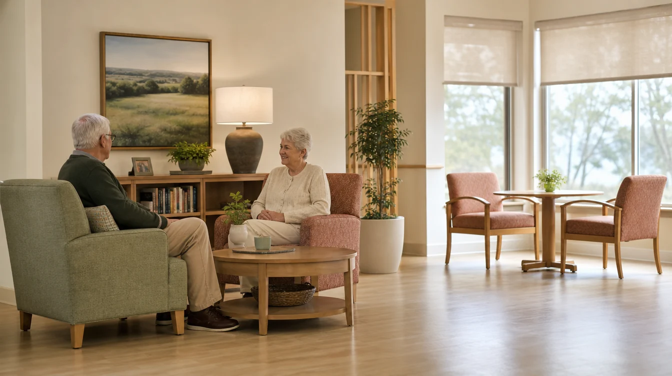 Resident lounge with sofas and individual conversation seating