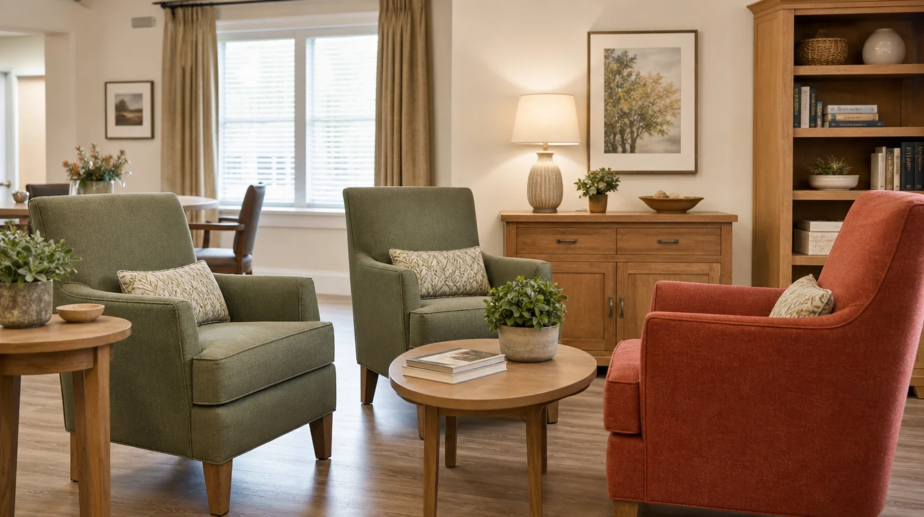Individual upholstered lounge chairs in a shared resident room