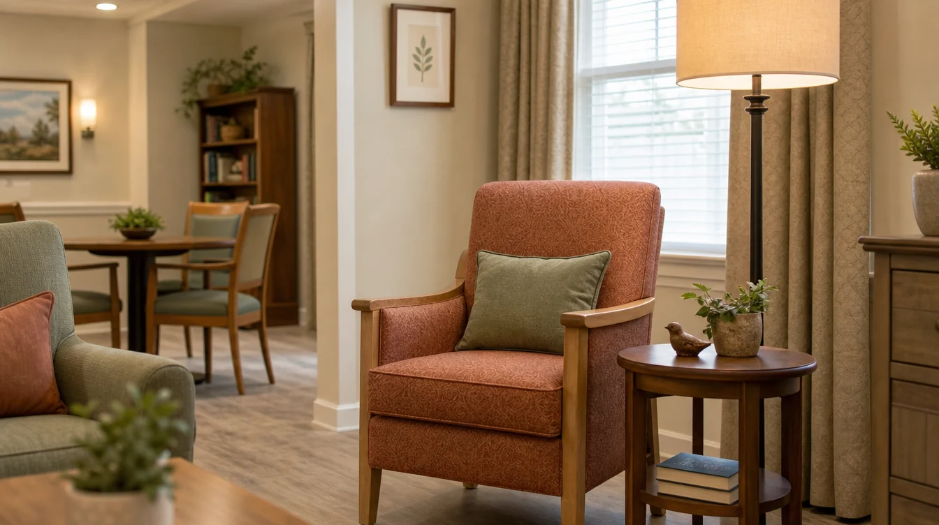Quiet resident reading corner with lounge seating and side tables