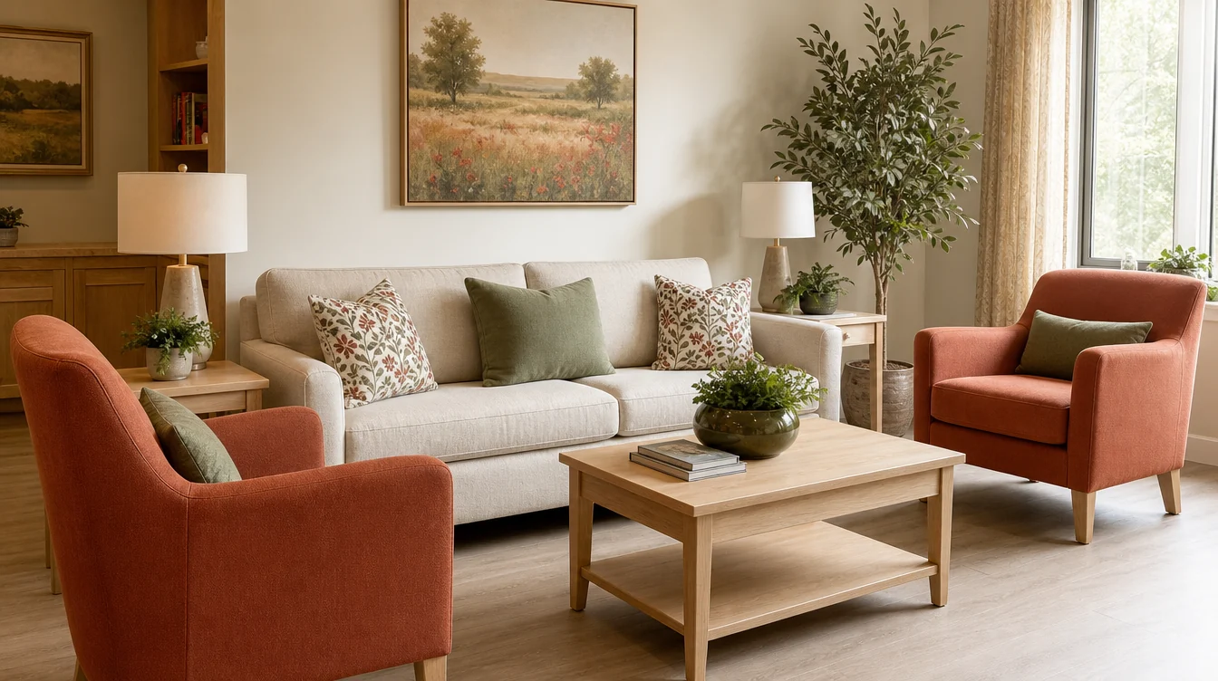 Sofa and separate lounge chairs arranged for family visits