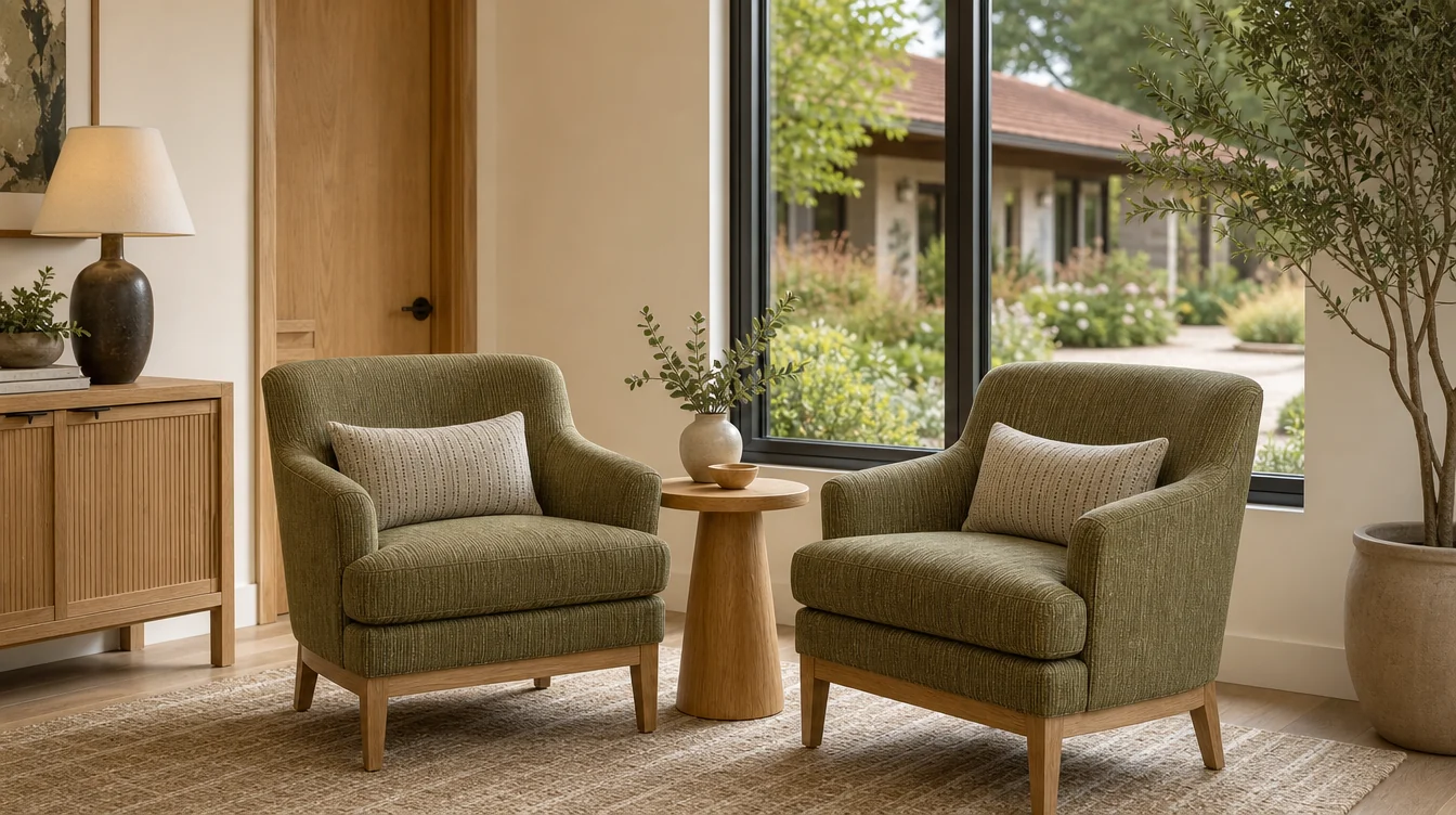 Individual upholstered lounge chairs arranged in a shared room