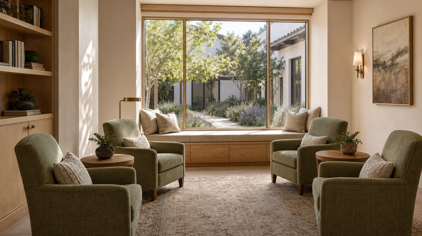Quiet reading corner with upholstered lounge seating and side tables