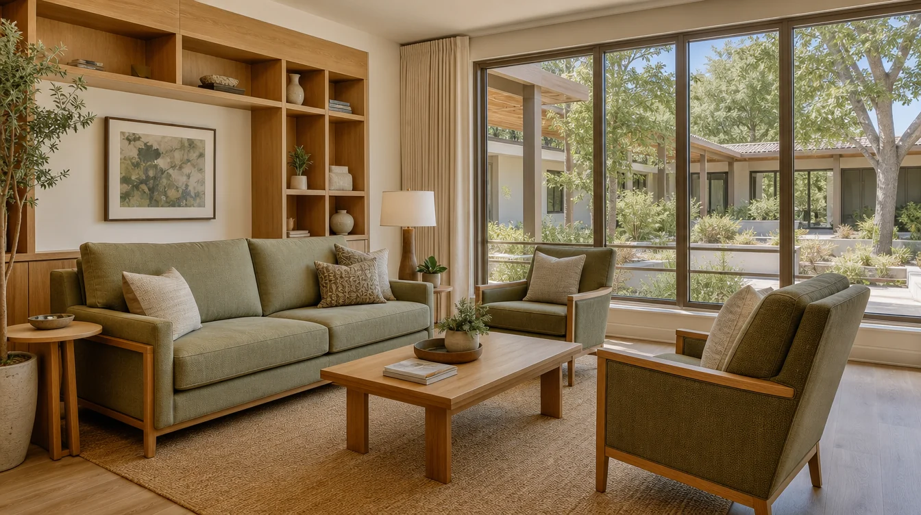 Sofa and separate lounge chairs grouped for family visits
