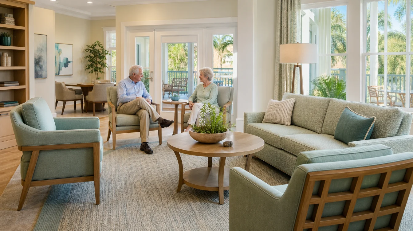 Resident lounge with individual chairs, sofas and small conversation groups