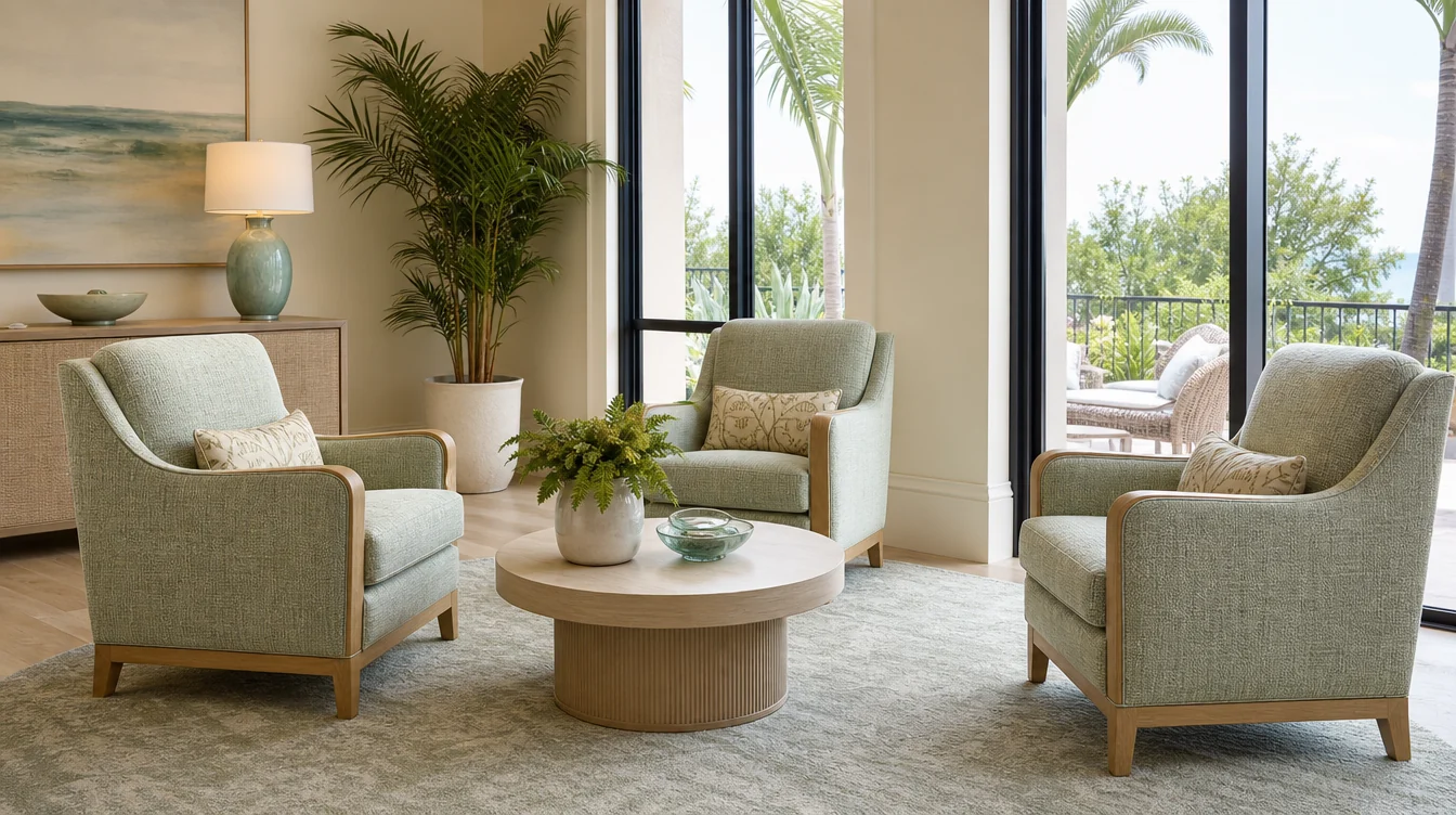 Individual upholstered lounge chairs arranged in a shared room