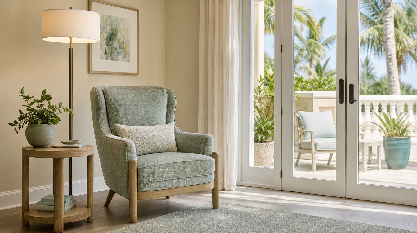 Quiet reading corner with upholstered lounge seating and side tables