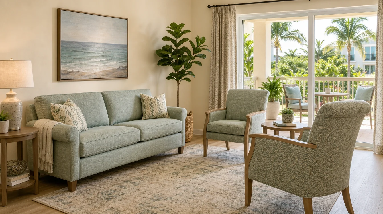 Sofa and separate lounge chairs grouped for family visits