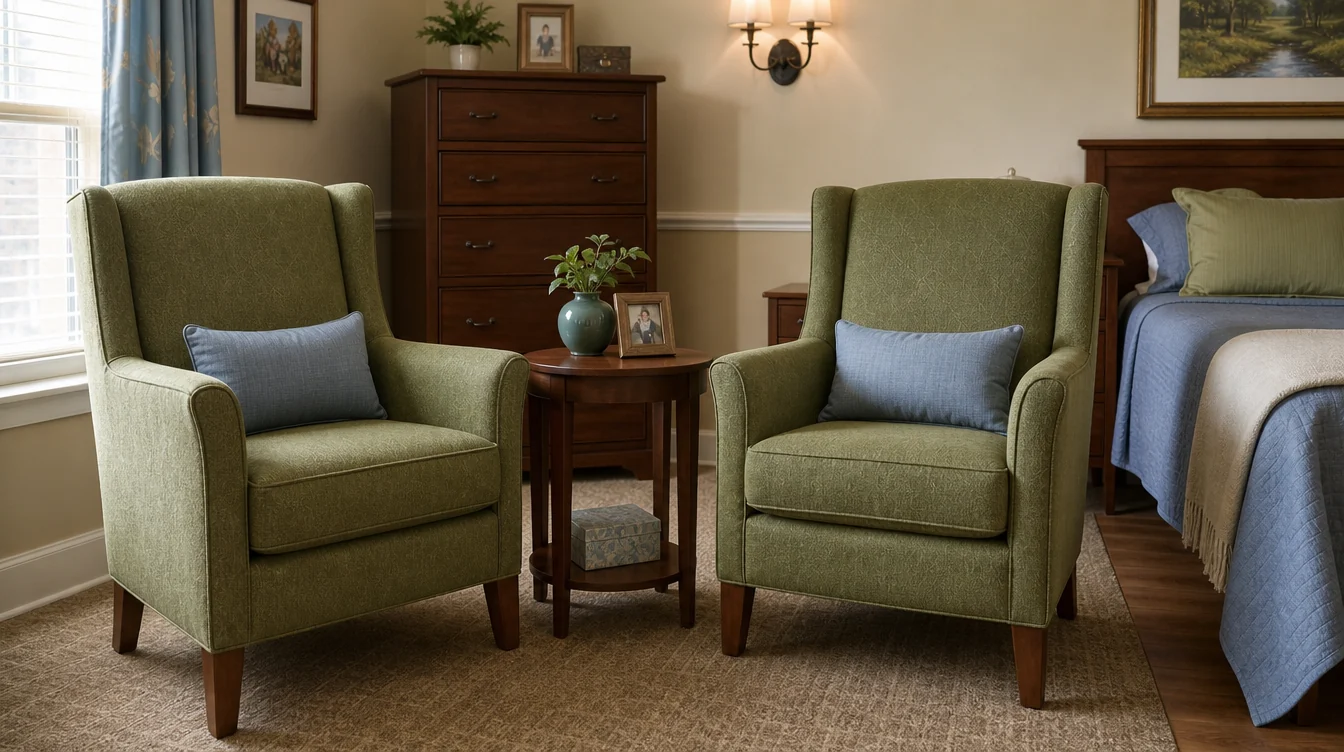 Individual upholstered lounge chairs in a shared resident room