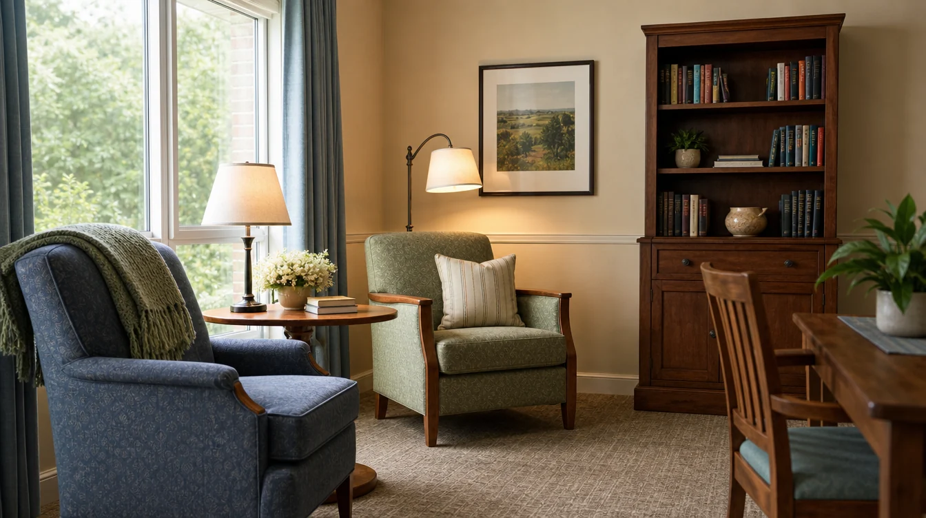 Quiet resident reading corner with lounge seating and side tables