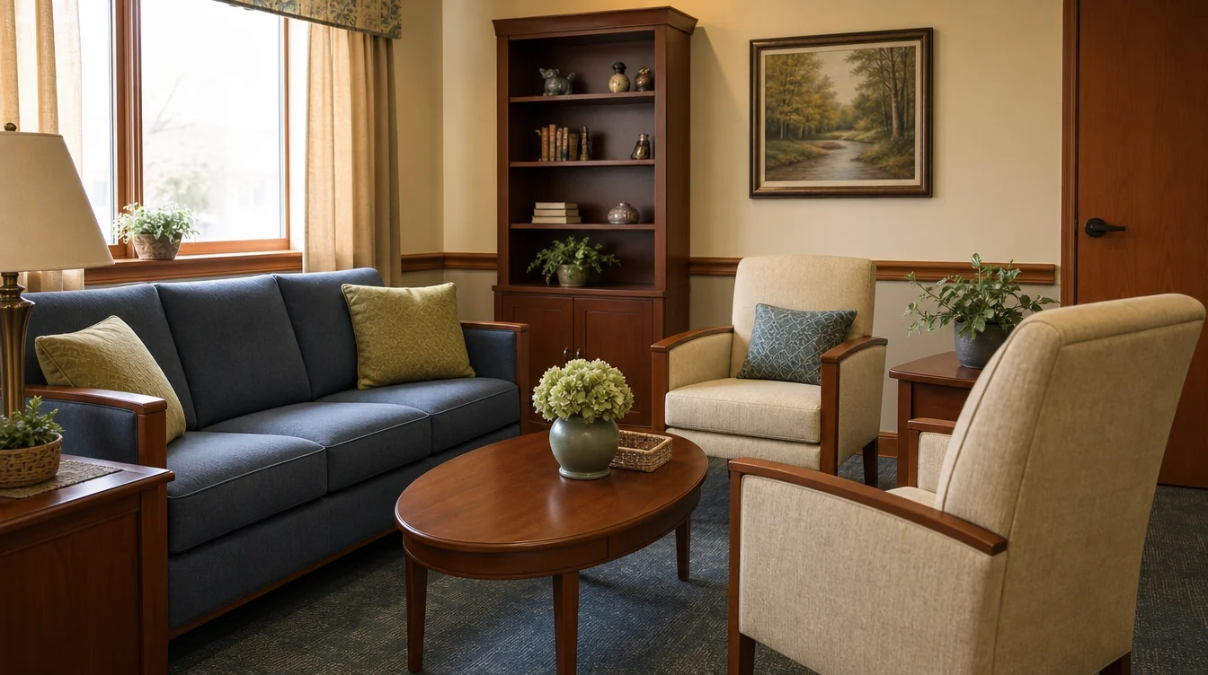 Sofa and separate lounge chairs arranged for family visits