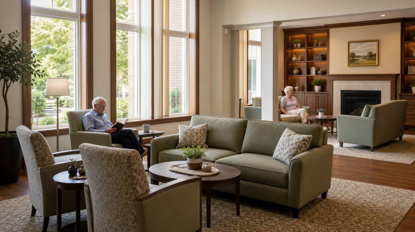 Resident lounge with sofas and individual conversation seating