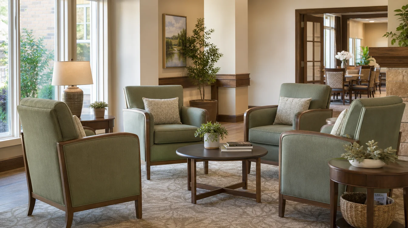 Individual upholstered lounge chairs in a shared resident room