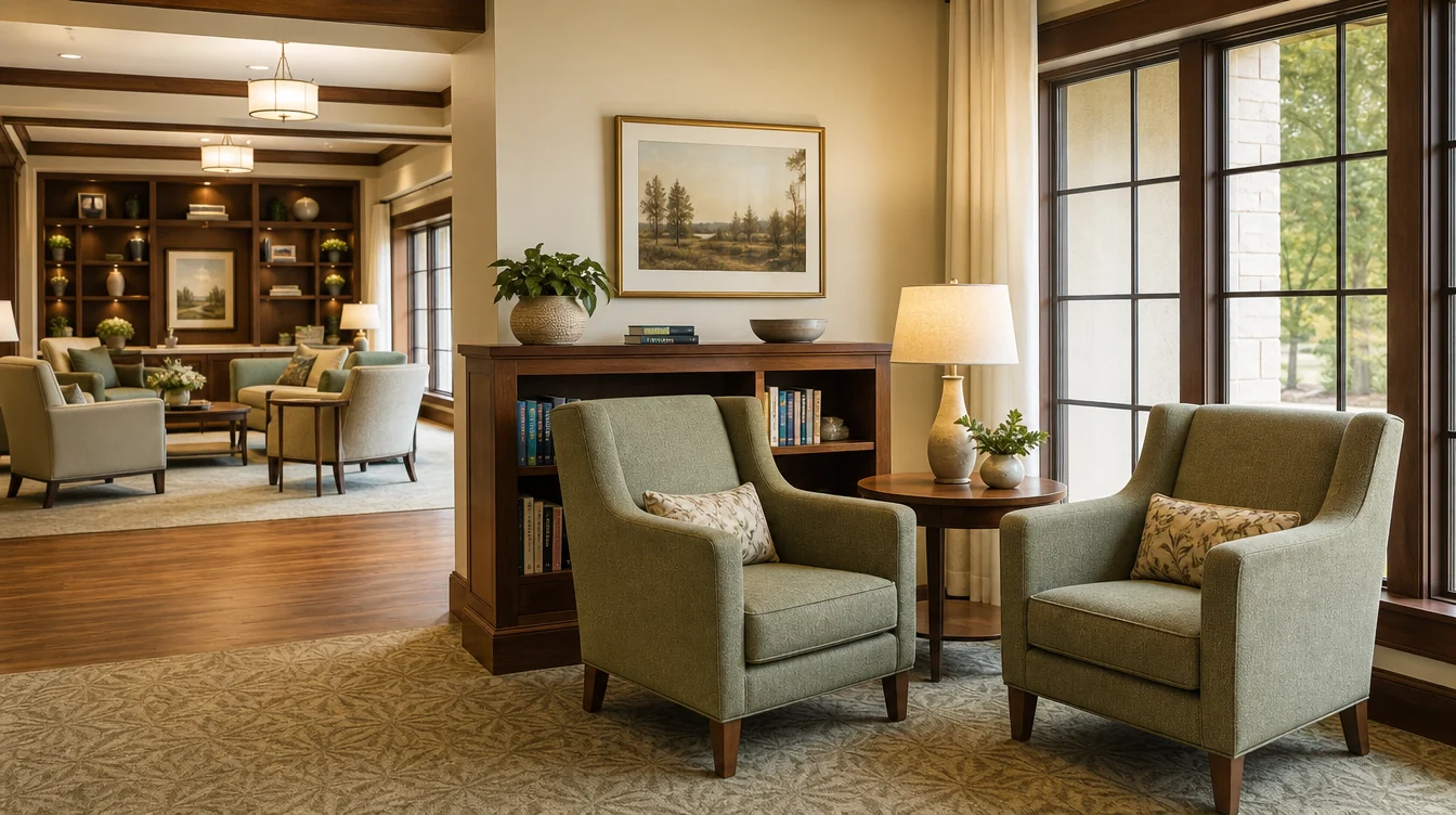 Quiet resident reading corner with lounge seating and side tables