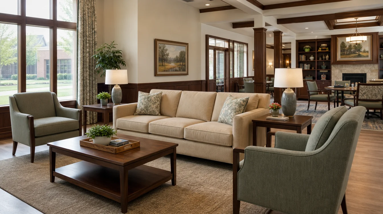 Sofa and separate lounge chairs arranged for family visits