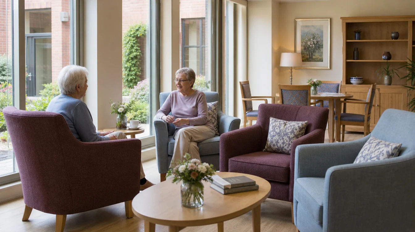 Resident lounge with sofas and individual conversation seating