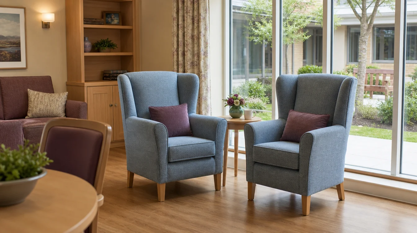 Individual upholstered lounge chairs in a shared resident room