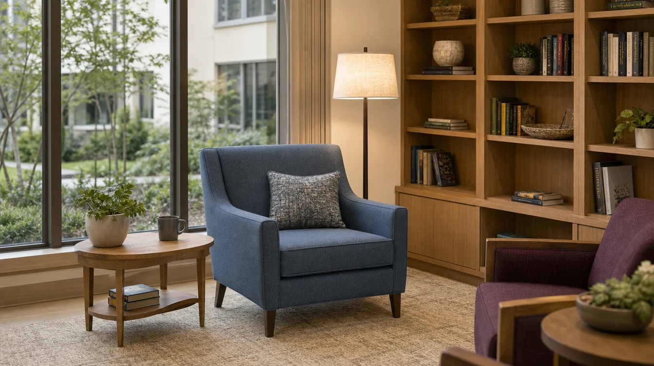 Quiet resident reading corner with lounge seating and side tables