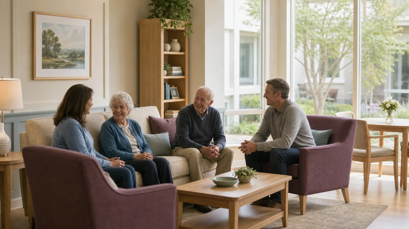 Sofa and separate lounge chairs arranged for family visits