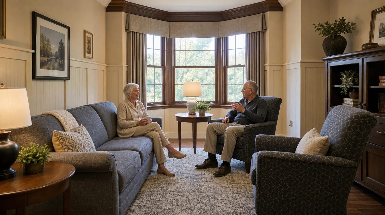 Resident lounge with sofas and individual conversation seating