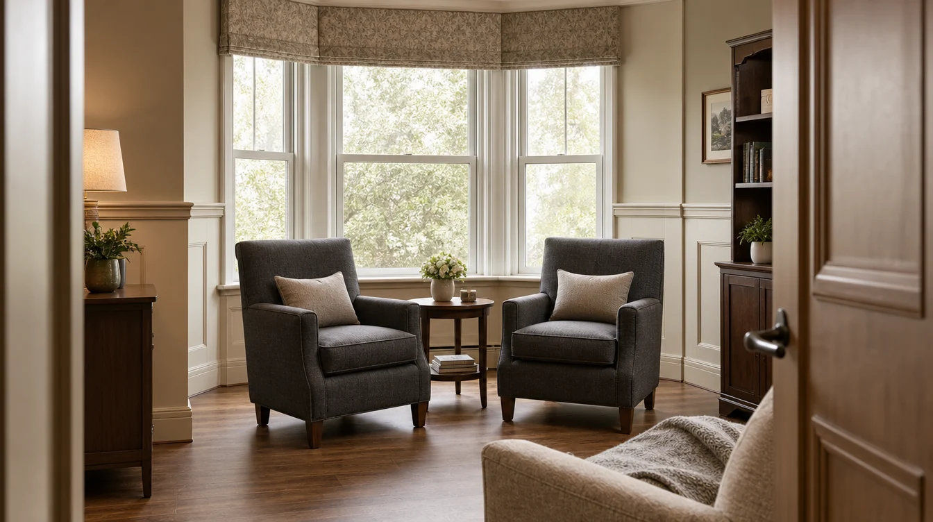Individual upholstered lounge chairs in a shared resident room