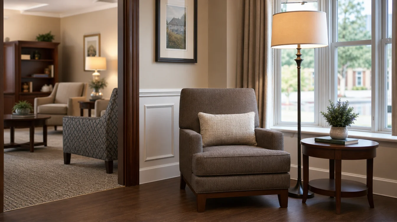 Quiet resident reading corner with lounge seating and side tables