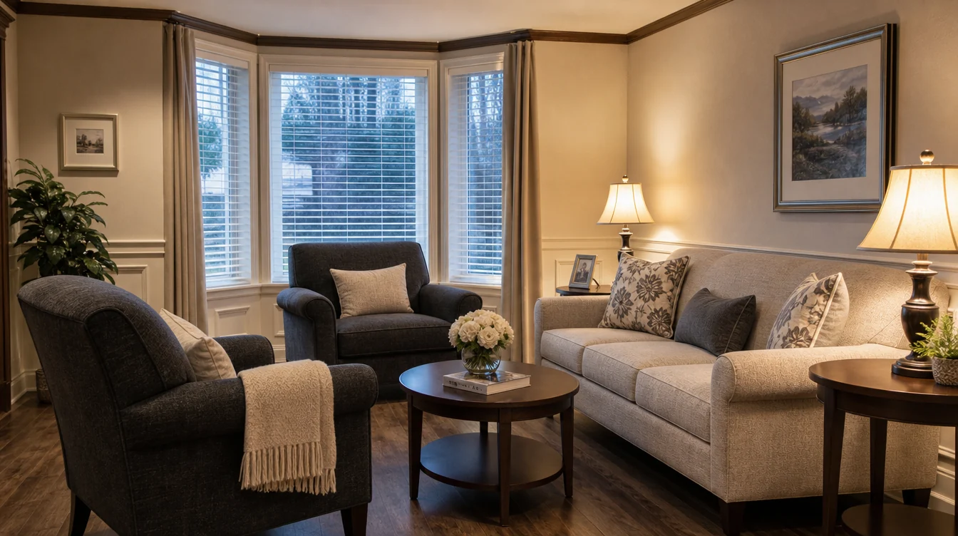 Sofa and separate lounge chairs arranged for family visits