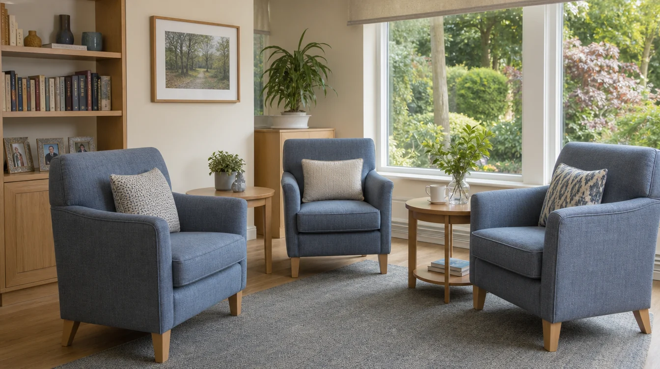 Individual upholstered lounge chairs in a shared resident room