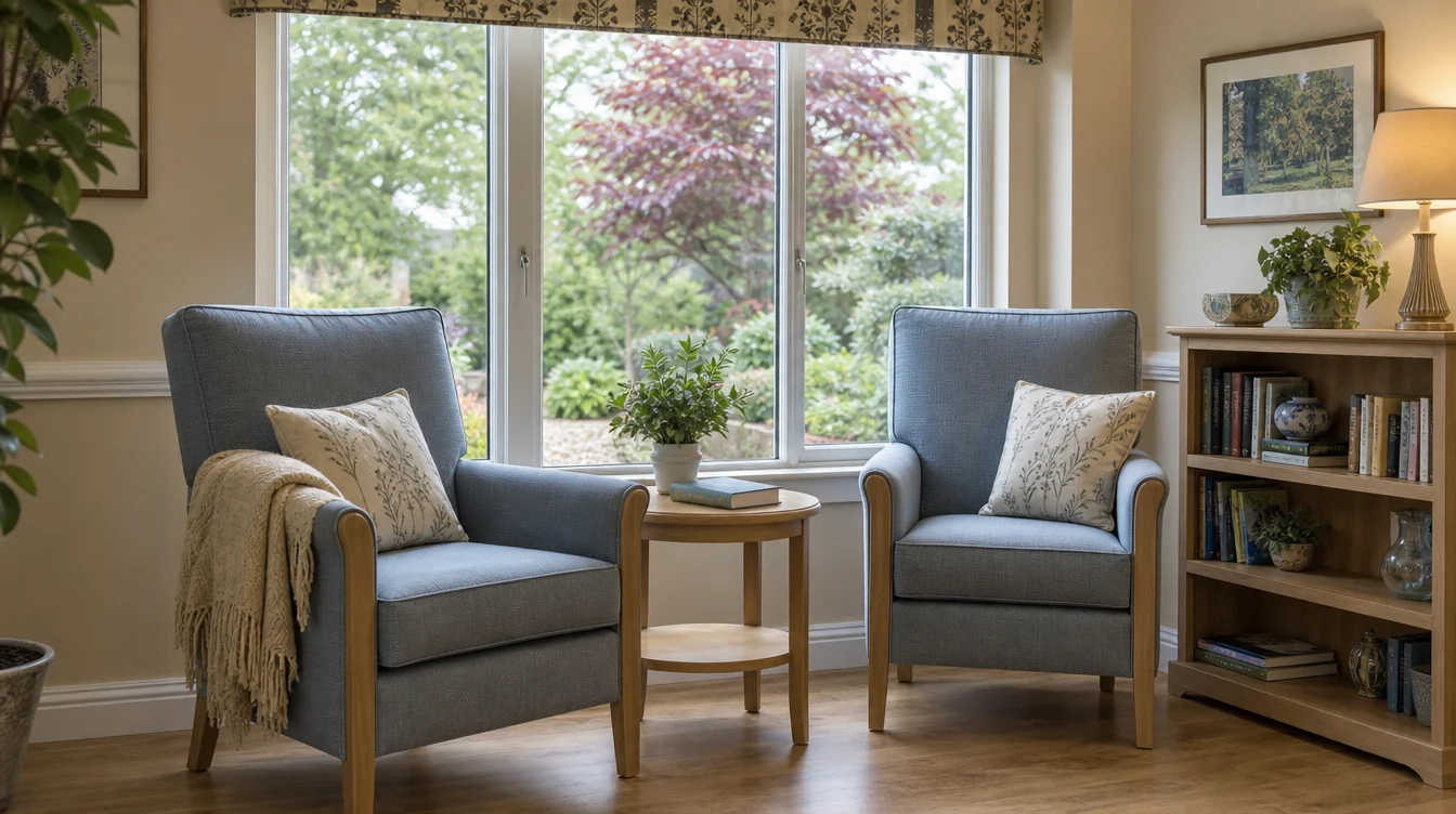 Quiet resident reading corner with lounge seating and side tables